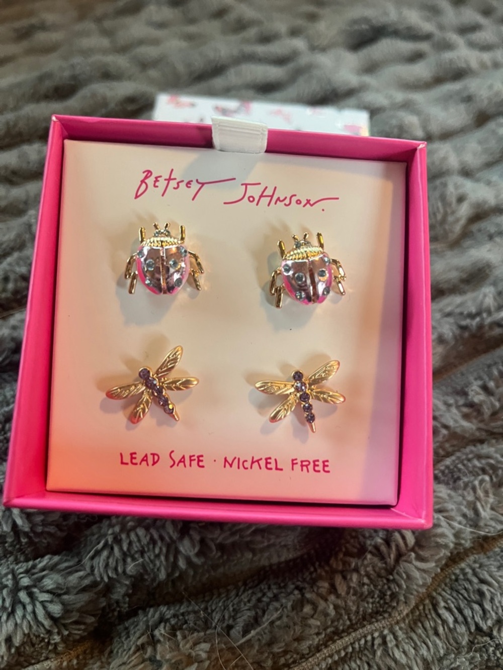 Betsey Johnson Gold Beetle & Dragonfly Earring Set - Pink Accents